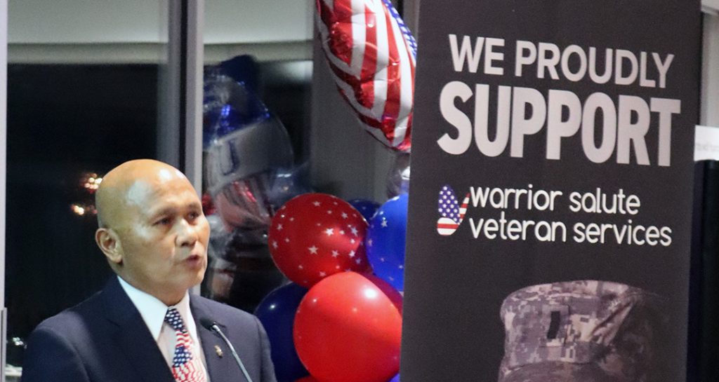 Colonel DJ Reyes (Ret.) speaks at the 2022 SALUTE: A Toast to Our Veterans Event