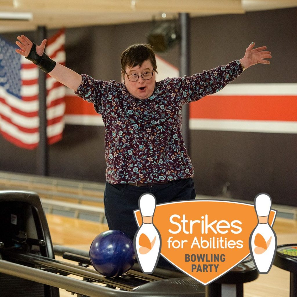 Individual celebrates at Strikes for Abilities Bowling Party event